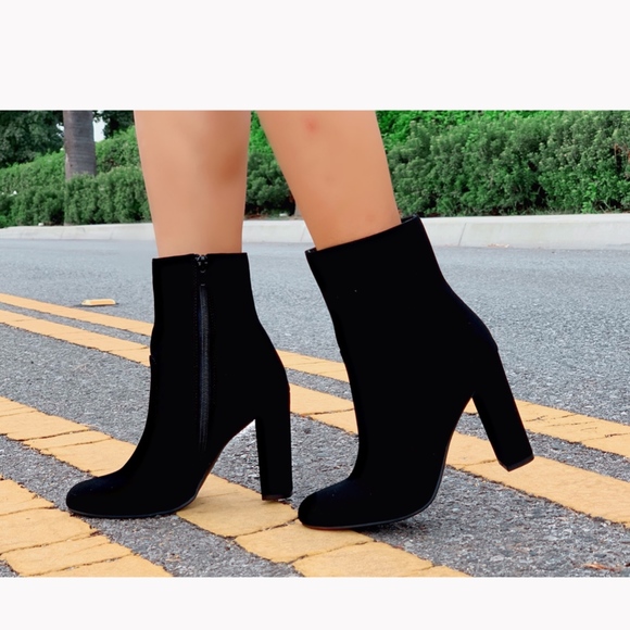 Shoes - Black Almond Toe High Top Chunky heel Boot